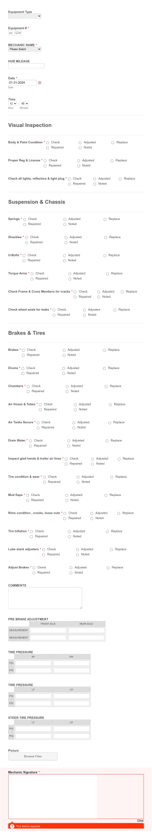 90 Day Dot Equipment Inspection Form Template