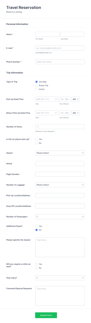 Airport Pickup Reservation Form Template
