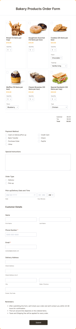 Bakery Products Order Form Template