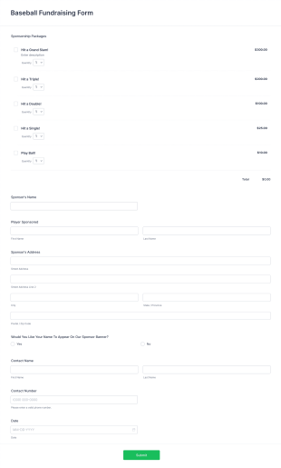 Baseball Fundraising Form Template