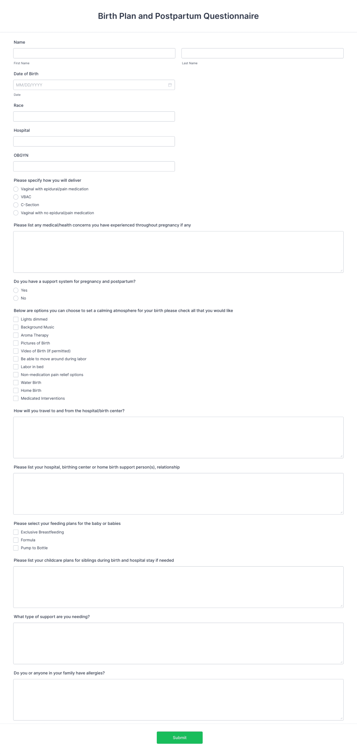 Birth Plan and Postpartum Questionnaire Form Template | Jotform