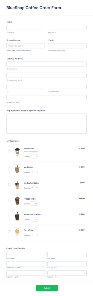 BlueSnap Coffee Order Form Template
