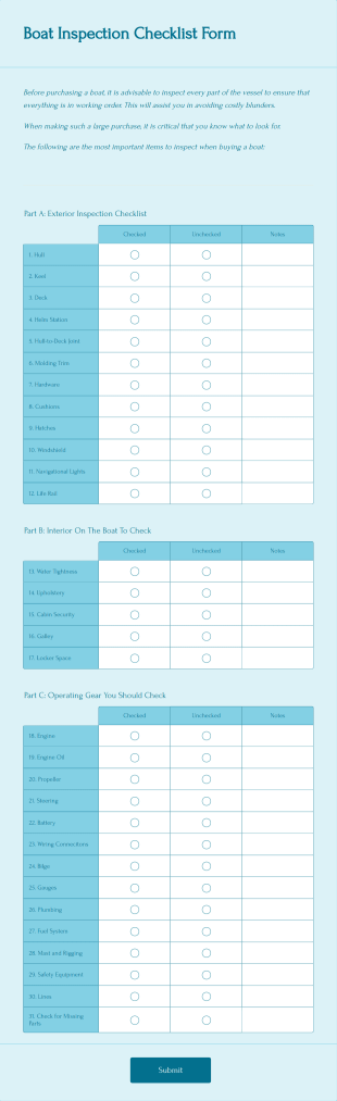 Boat Inspection Checklist Form Template