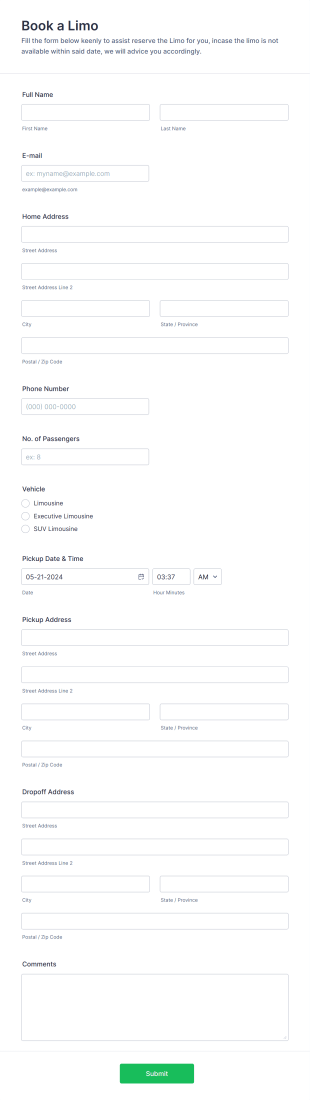 Book A Limo Form Template