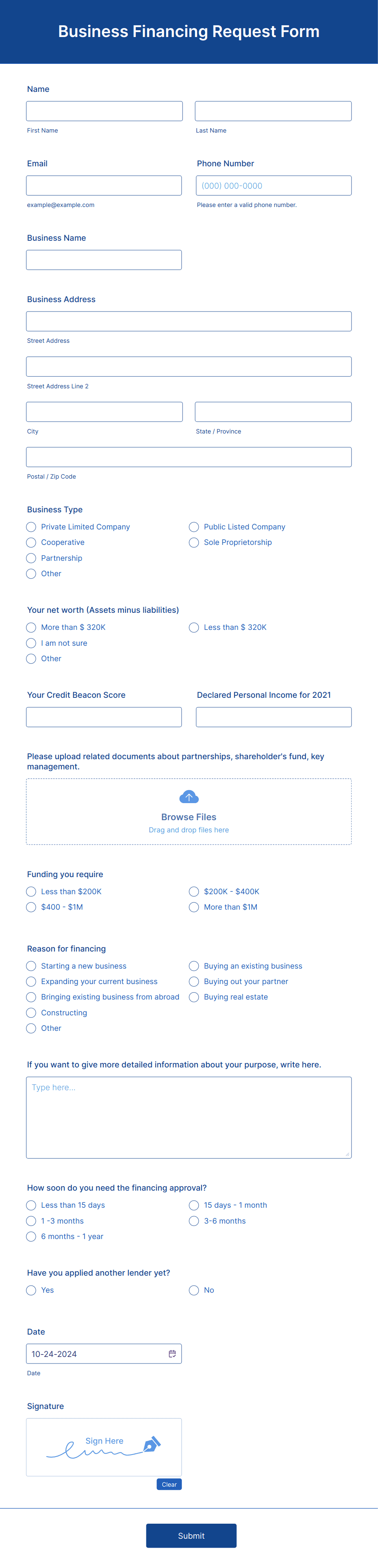 Business Financing Request Form Template | Jotform