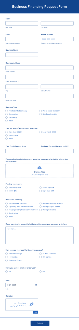 Business Financing Request Form Template