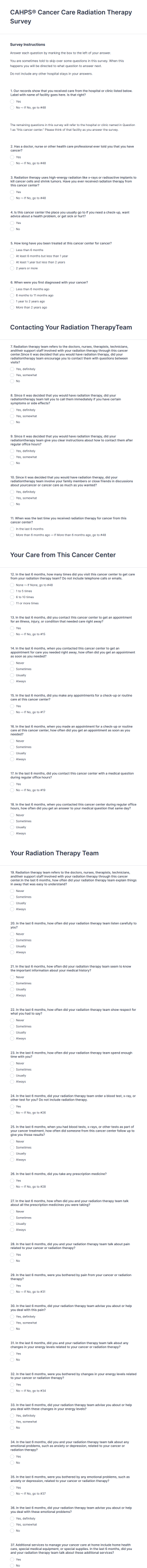 CAHPS Cancer Care Radiation Therapy Survey Form Template