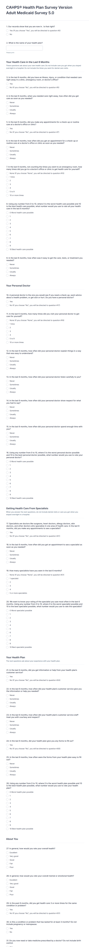 CAHPS Health Plan Survey Version Adult Medicaid Survey 5.0 Form Template