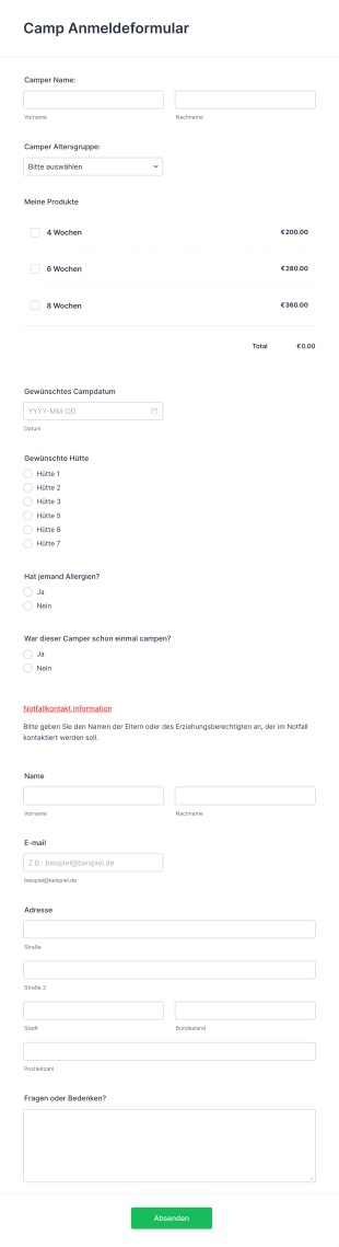 Camp Anmeldeformular PayPal Checkout Form Template