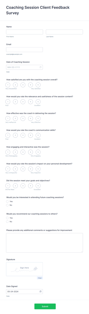 Coaching Session Client Feedback Survey Form Template