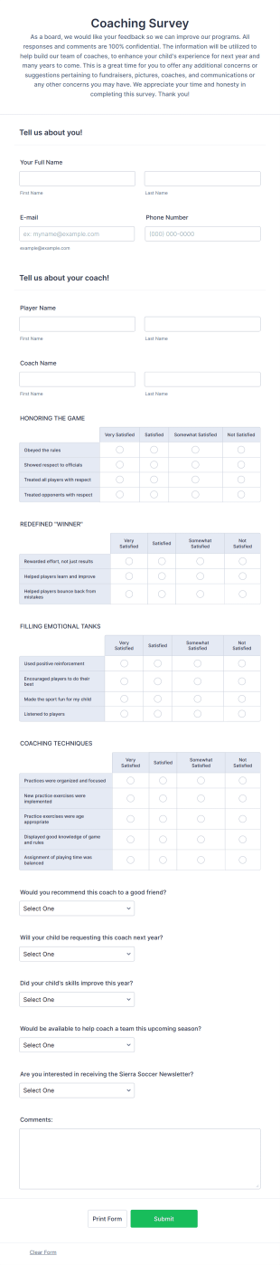 Coaching Survey Form Template