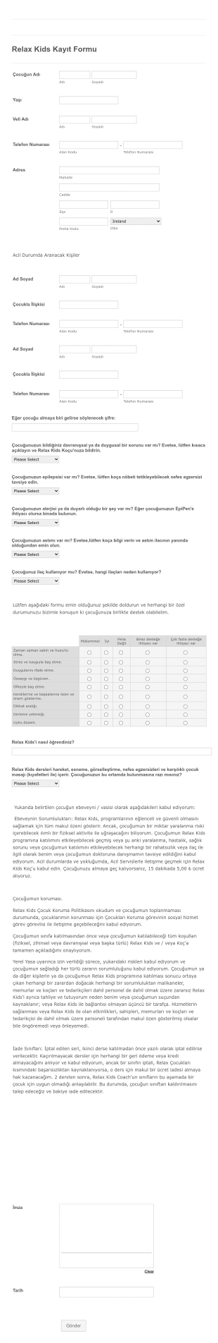 Çocuk Kampı Kayıt Form Template