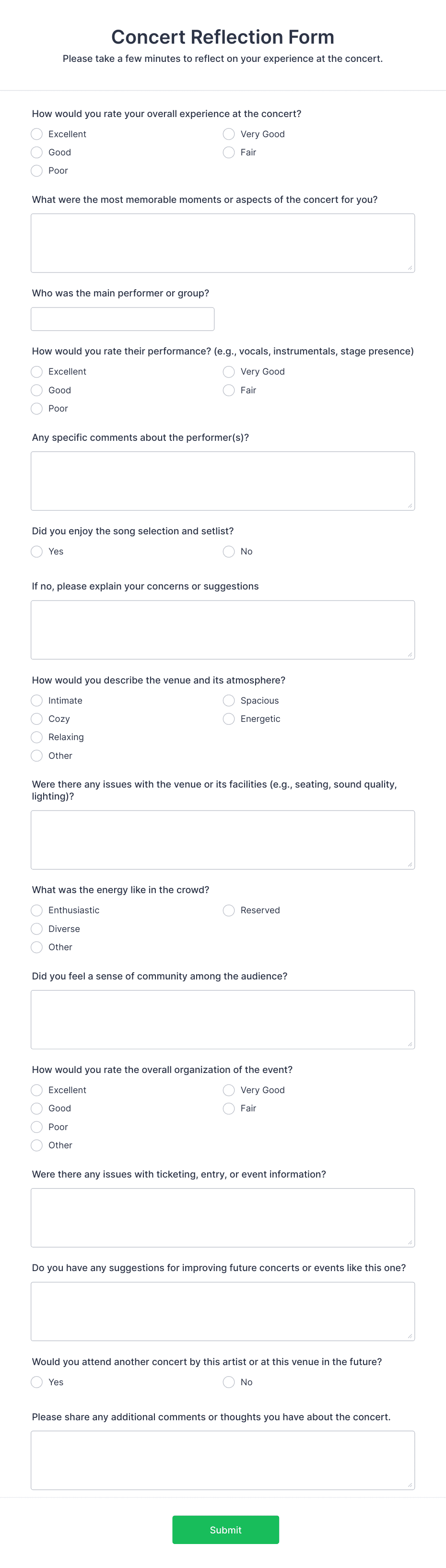 Concert Reflection Form Template | Jotform