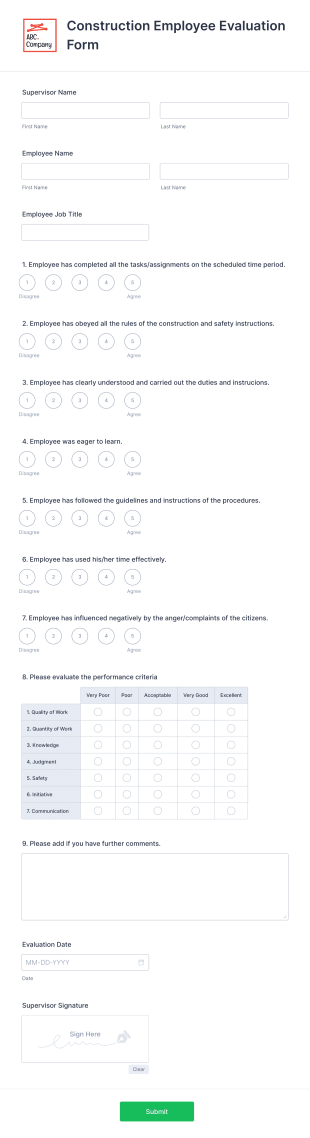Construction Employee Evaluation Form Template