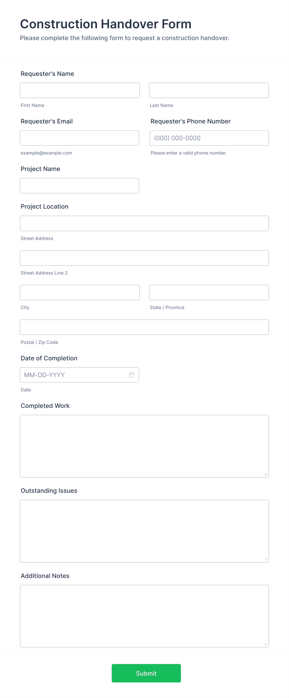 Construction Handover Form Template | Jotform