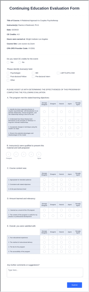 Continuing Education Evaluation Form Template