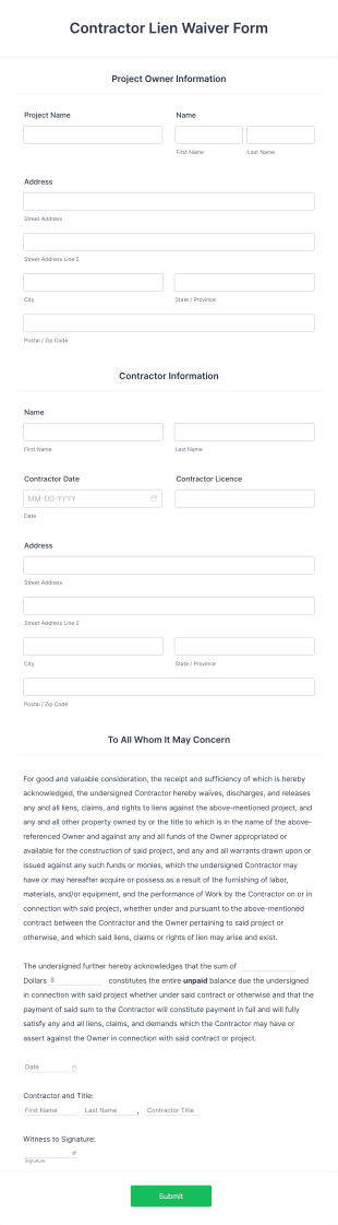 Contractor Lien Waiver Form Template