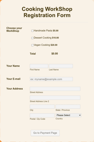 Cooking WorkShop Registration Form PayPal Standard Form Template