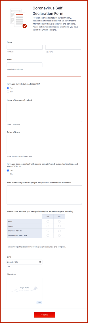 Coronavirus Self Declaration Form Template