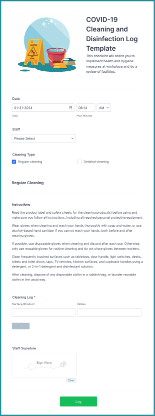 COVID 19 Cleaning And Disinfection Log Template Form Template
