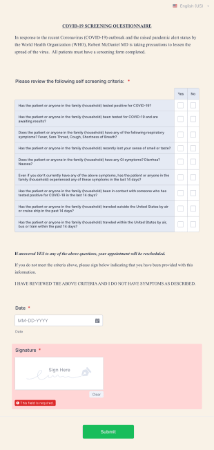 COVID 19 Patient Screening Questionnaire Form Template