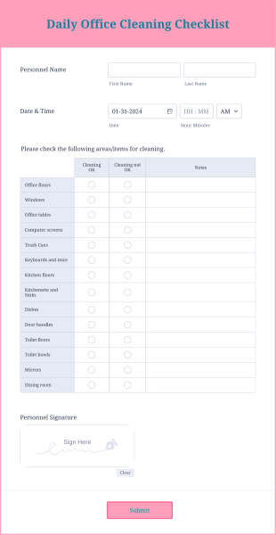 Daily Office Cleaning Checklist Form Template