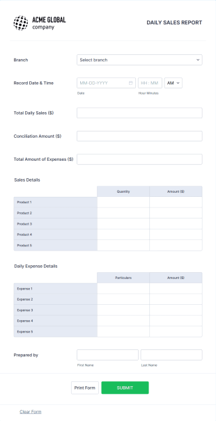 Daily Sales Report Form Template