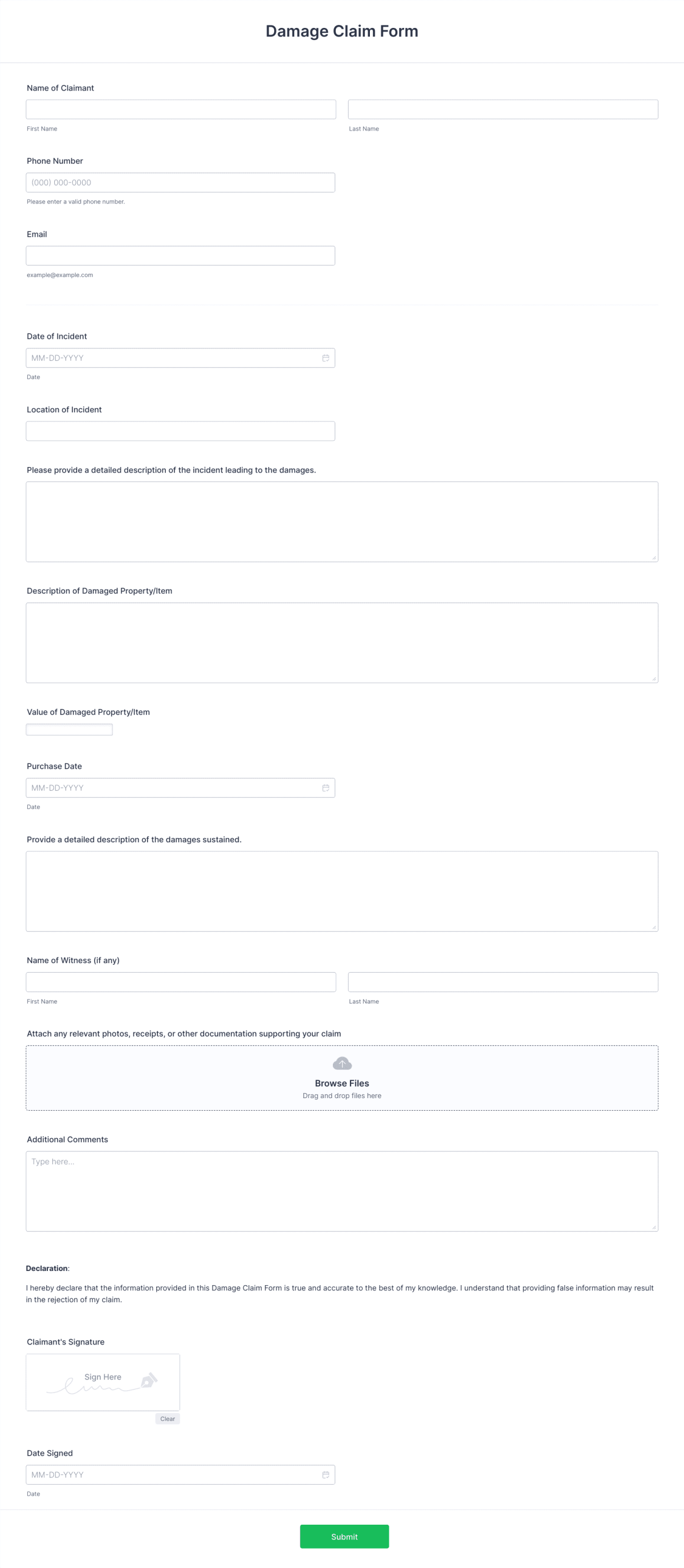 Damage Claim Form Template 