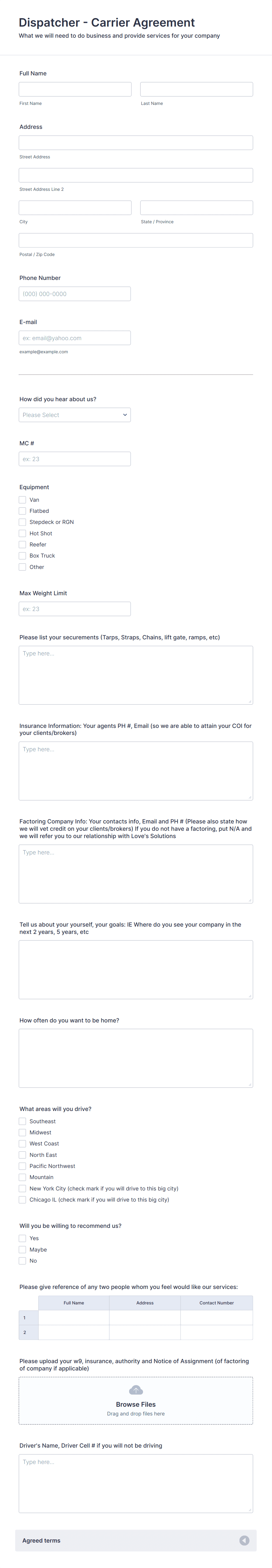Dispatcher - Carrier Agreement Form Template | Jotform