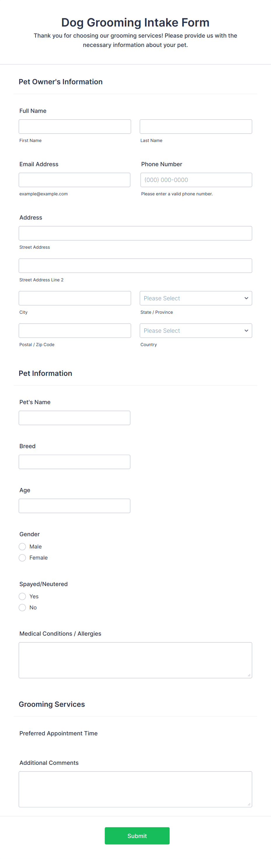 Dog Grooming Intake Form Template | Jotform