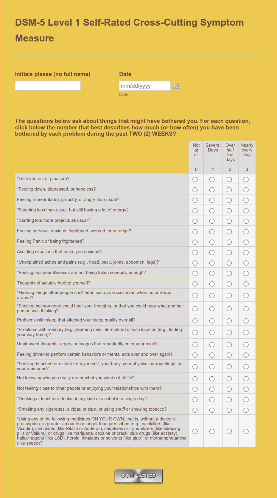 Dsm 5 Level 1 Cross Cutting Symptom Measure Assessment Form Template