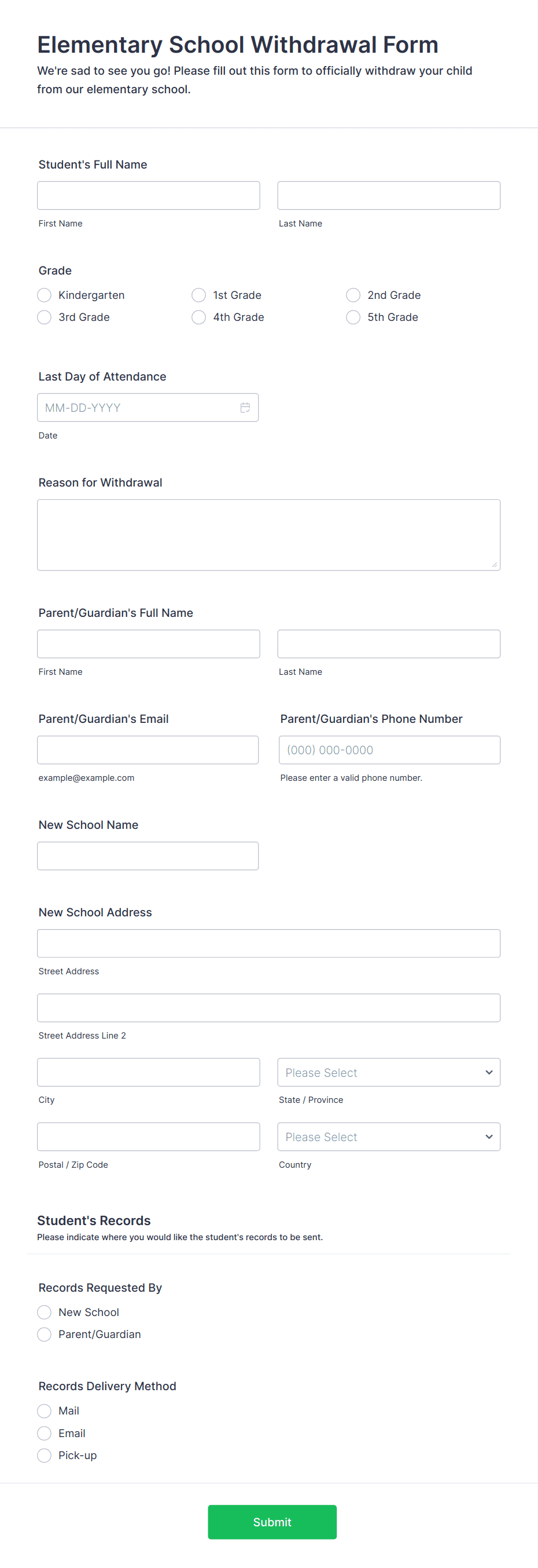 Elementary School Withdrawal Form Template | Jotform