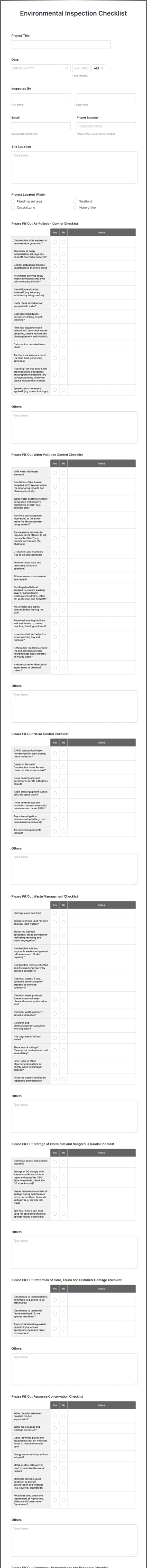 Environmental Inspection Checklist Form Template