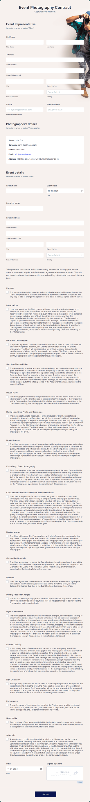 Event Photography Contract Form Template