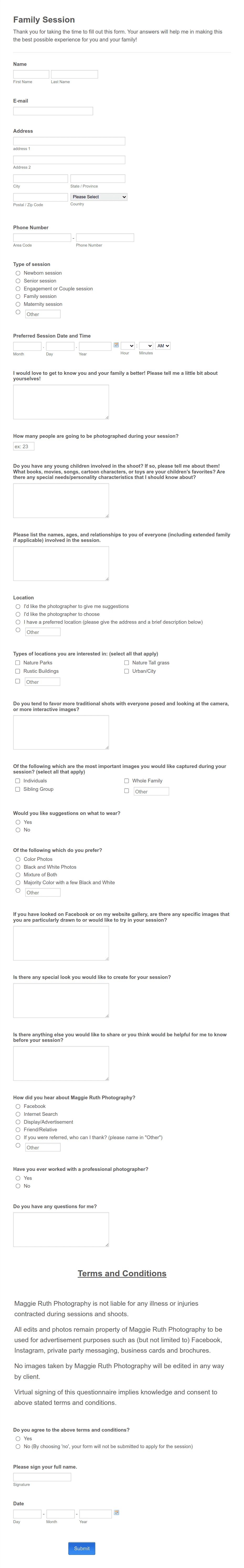 Family Photograph Session Questionnaire Form Template | Jotform