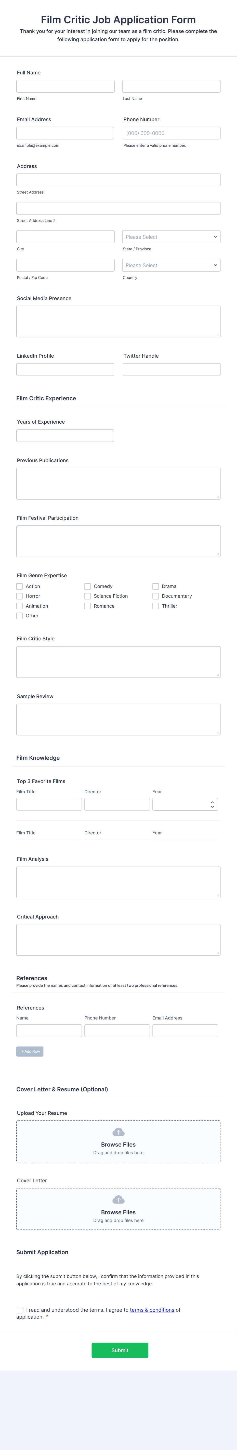 Film Critic Job Application Form Template | Jotform