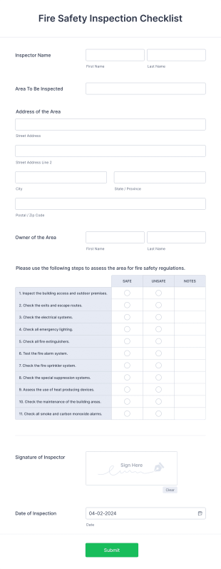 Fire Safety Inspection Checklist Form Template