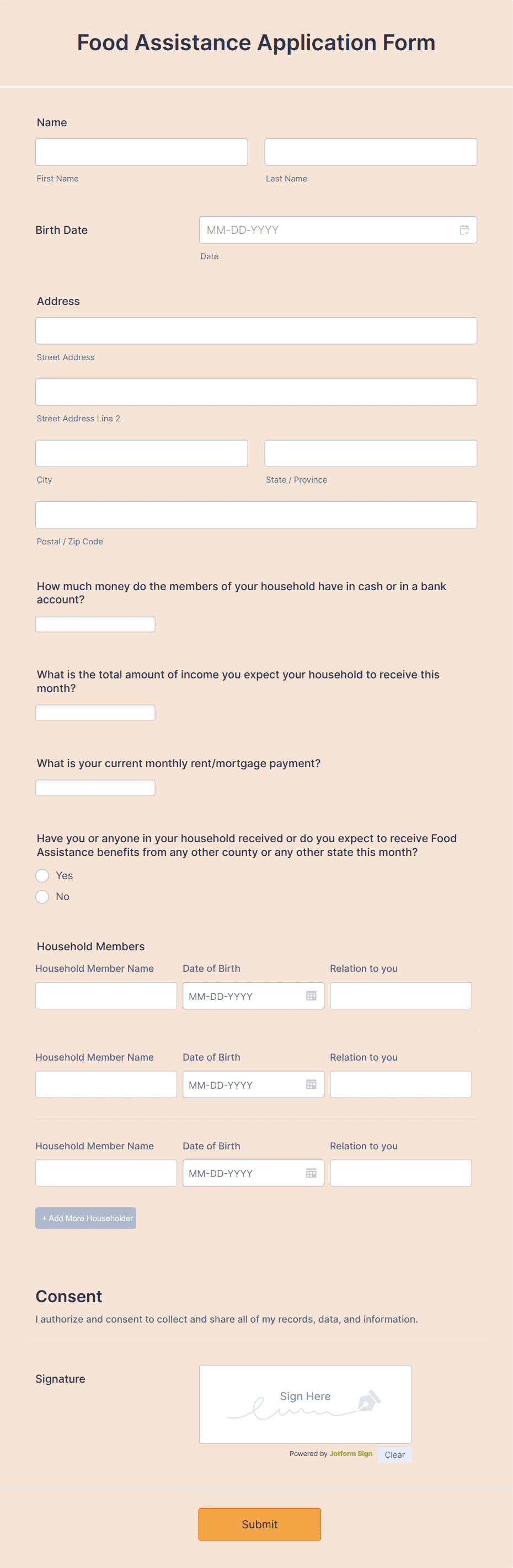 Food Assistance Application Form Template | Jotform