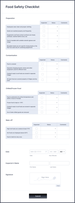 Food Safety Checklist Form Template