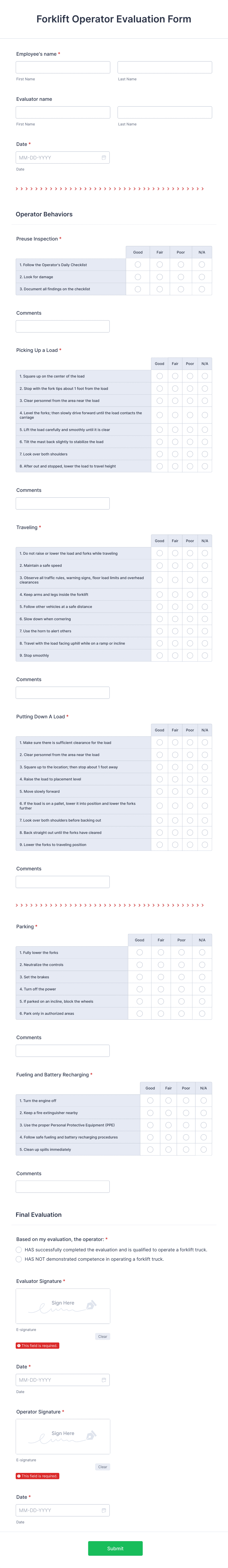 Forklift Operator Evaluation Form Template | Jotform