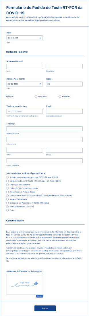 Formulário De Pedido Do Teste RT PCR Da COVID 19 Form Template