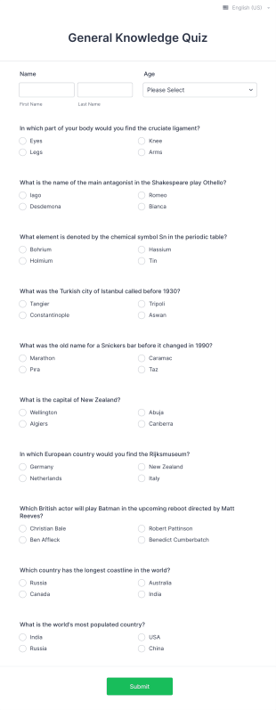 General Knowledge Quiz Form Template