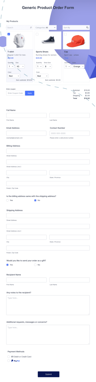 Generic Product Order Form Template