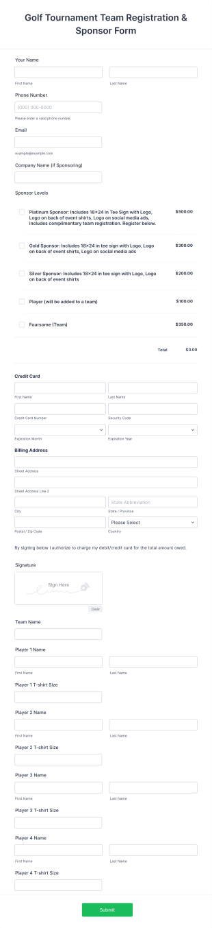 Golf Tournament Registration & Sponsor Form Template