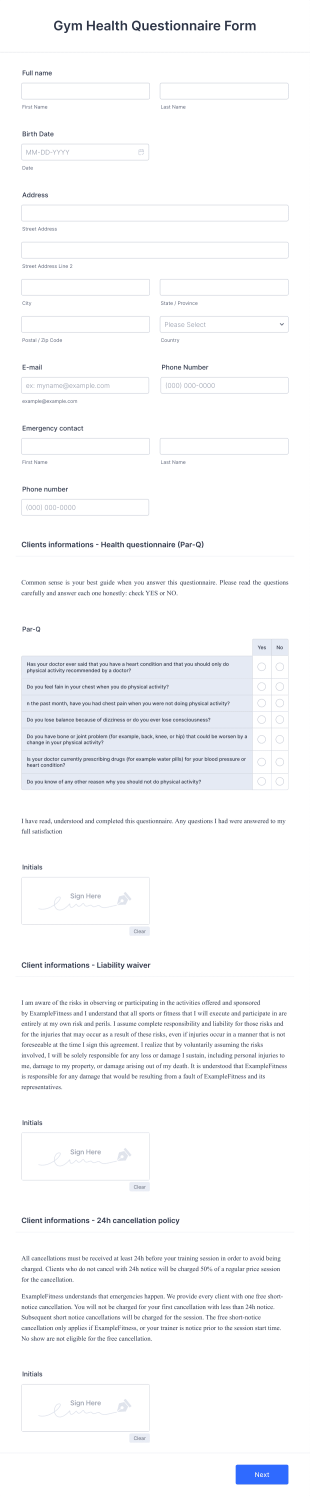 Gym Health Questionnaire Form Template