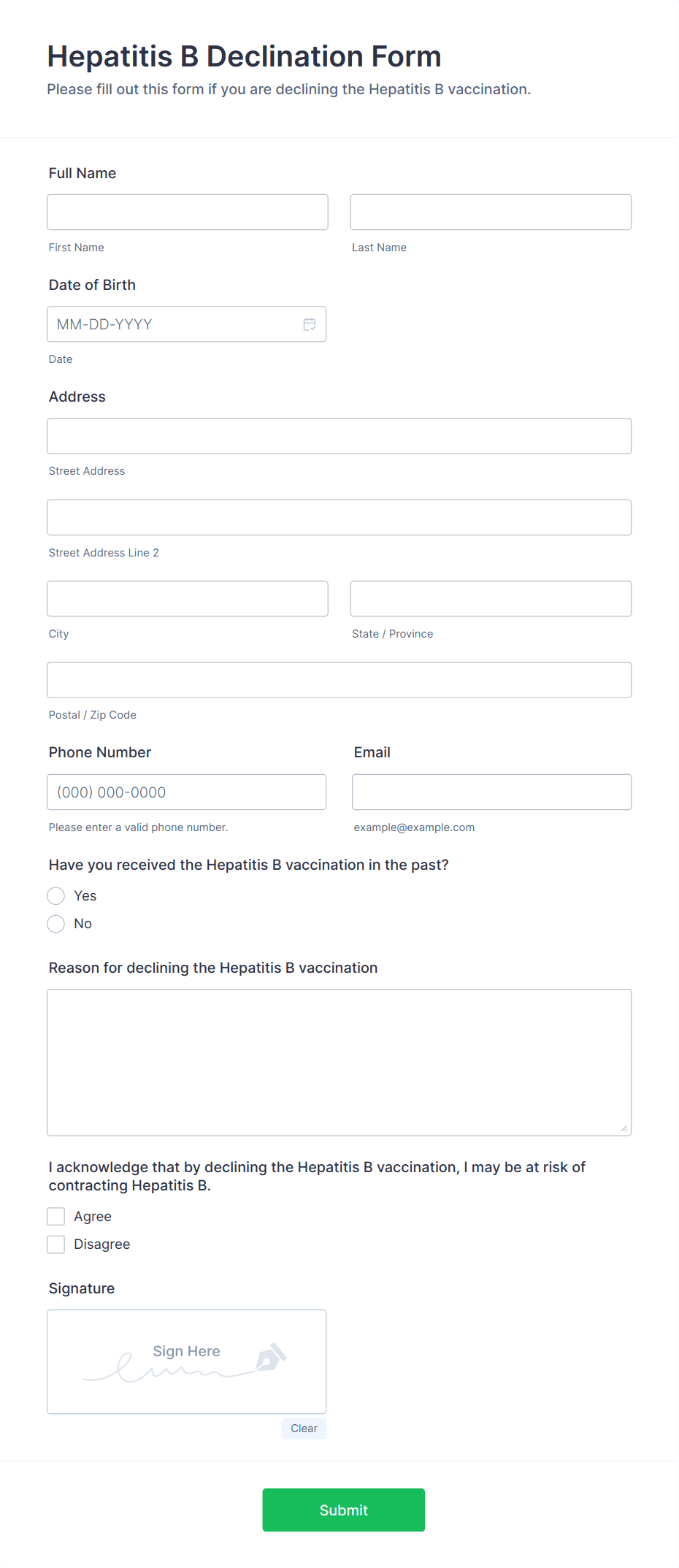 Hepatitis B Declination Form Template | Jotform