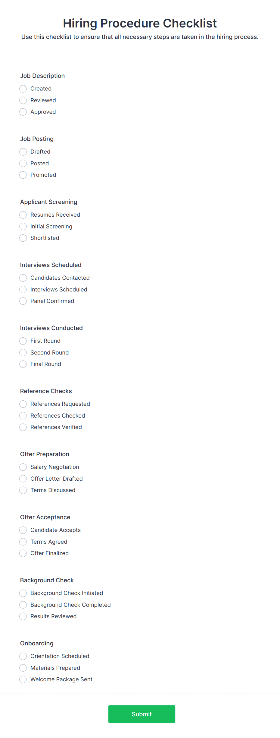 Hiring Procedure Checklist Form Template | Jotform