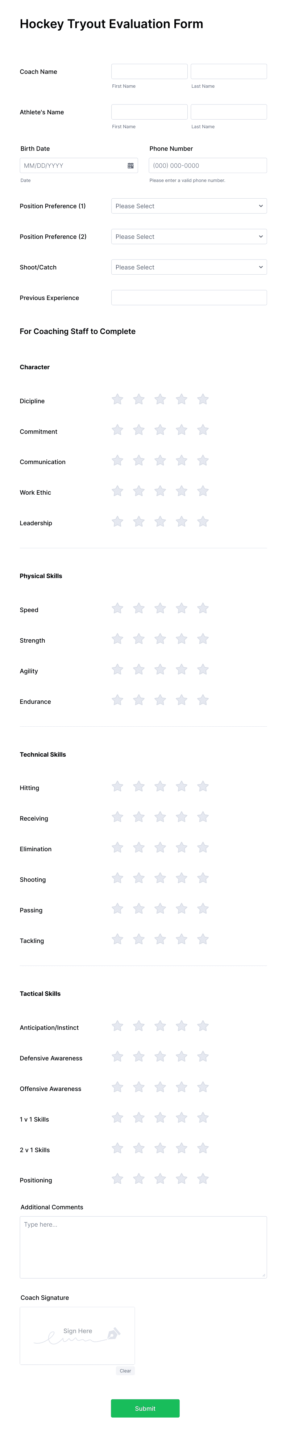 Hockey Tryout Evaluation Form Template | Jotform