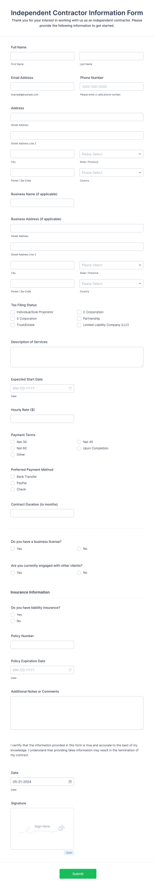 Independent Contractor Information Form Template