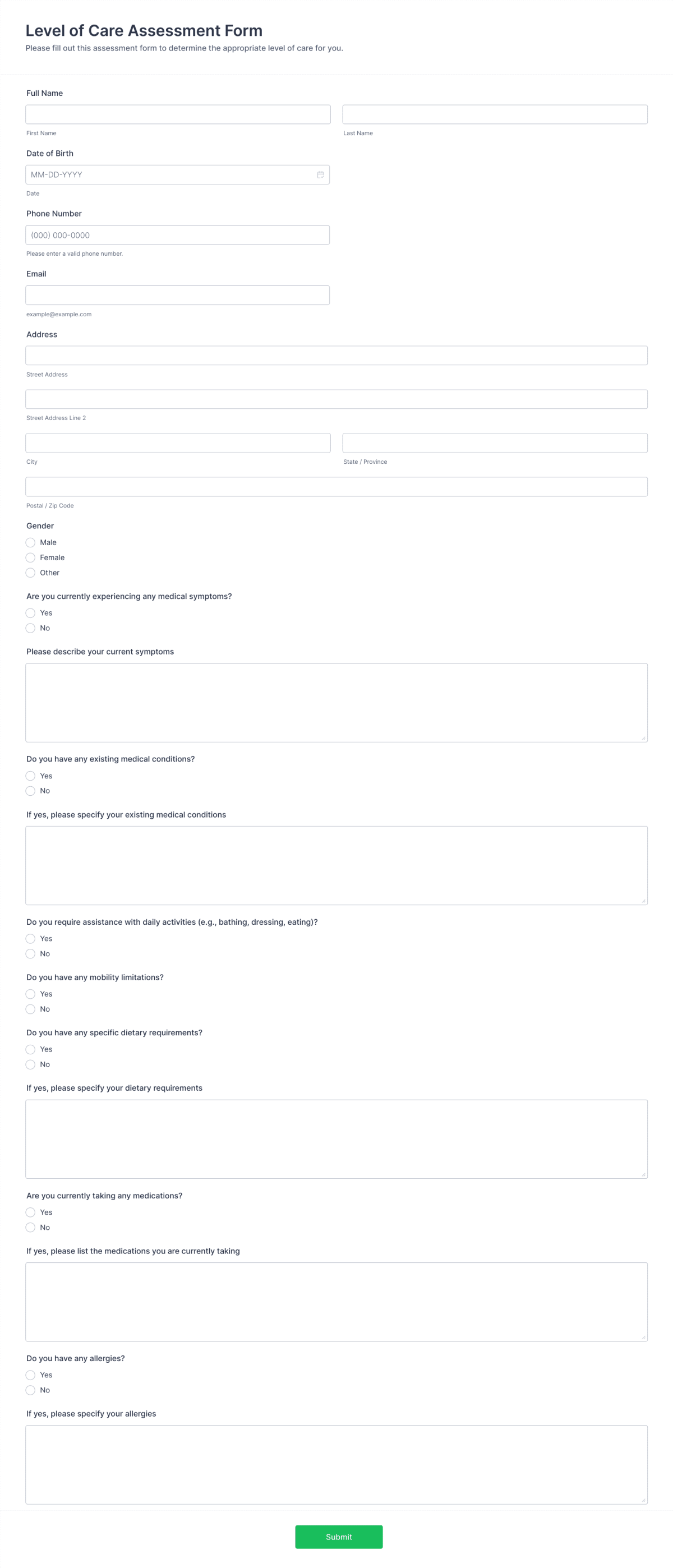 Level of Care Assessment Form Template | Jotform